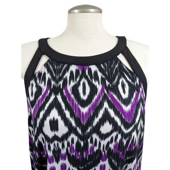 Womens Plus XXL Top Ikat Cut Out Tunic Sleeveless Blouse High Neck Purple Black - Picture 3 of 5